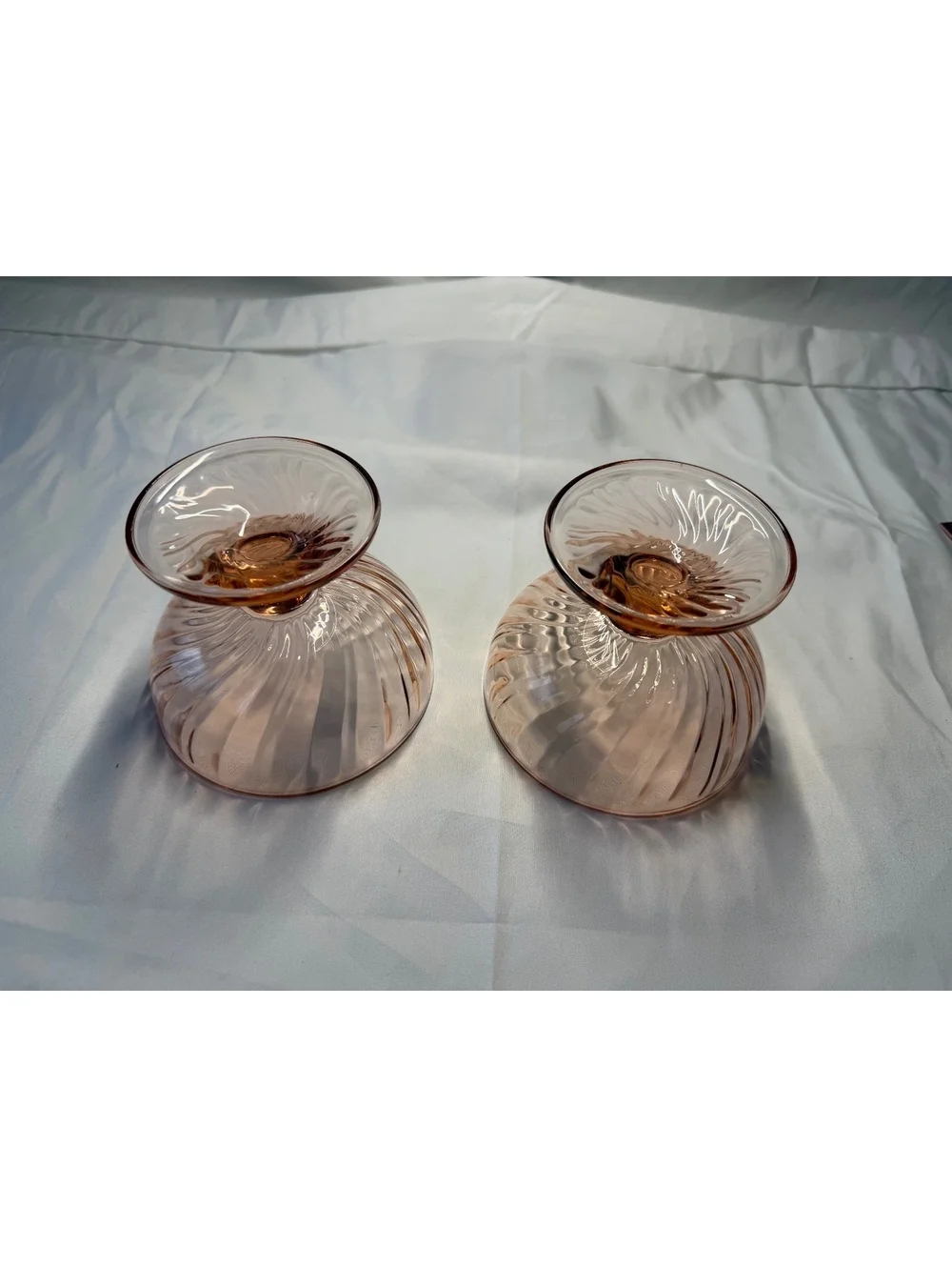 Pair Pink Depression Glass Spiral Optic Pedestal Candy Dishes Swirl Bowls 5”
